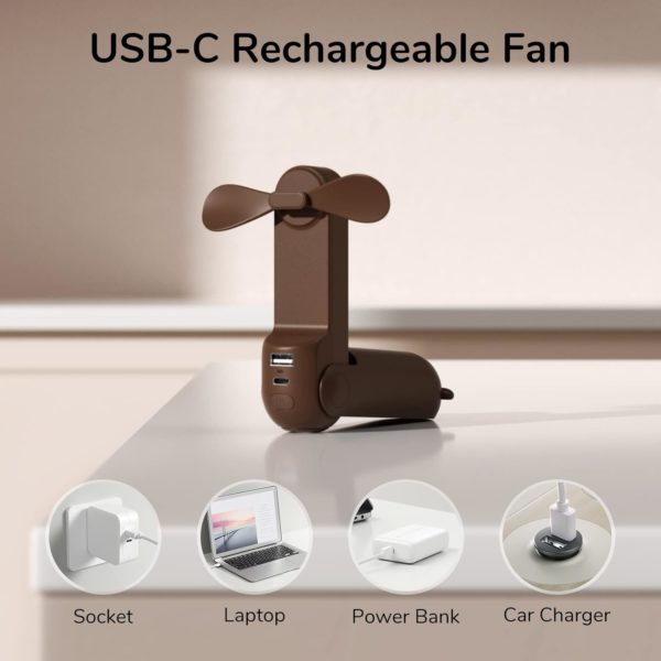 JISULIFE Handheld Mini Fan, 3 IN 1 USB Rechargeable Portable Fan [12-19 Working Hours] with Power Bank, Flashlight, Pocket Design for Travel/Summer/Concerts/Lash, Gifts for Women (Brown) - Image 4
