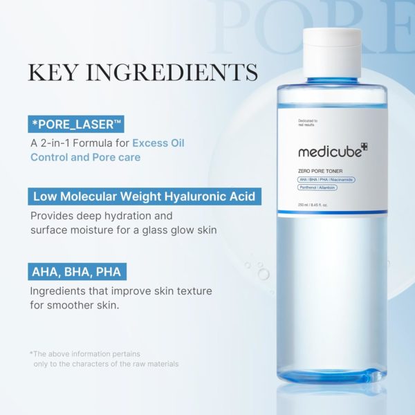 Medicube Zero Pore Toner I Exfoliating & Hydrating Blue Bottle Water Toner with AHA, BHA, PHA, Niacinamide, and Panthenol | Korean Skin Care for Pores, Texture, and Moisture Care (8.45 fl. oz.). - Image 4