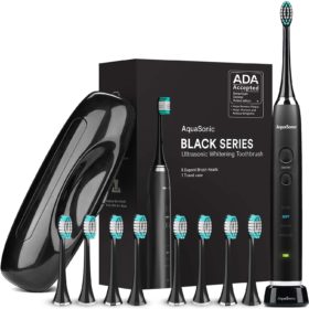 AquaSonic Black Series Ultra Whitening Toothbrush – ADA Accepted Electric Toothbrush – 8 Brush Heads & Travel Case – Ultra Sonic Motor & Wireless Charging – 4 Modes w Smart Timer – Sonic Electric