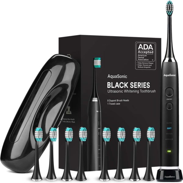 AquaSonic Black Series Ultra Whitening Toothbrush – ADA Accepted Electric Toothbrush – 8 Brush Heads & Travel Case – Ultra Sonic Motor & Wireless Charging – 4 Modes w Smart Timer – Sonic Electric