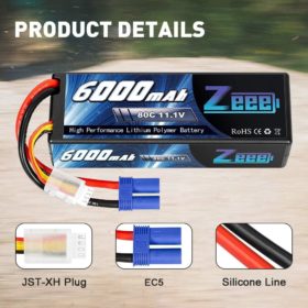 Zeee 11.1V 80C 3S 6000mAh Lipo Battery Hard Case Battery with EC5 Connector for RC 1/8 1/10 Scale Vehicles Car Trucks Boats
