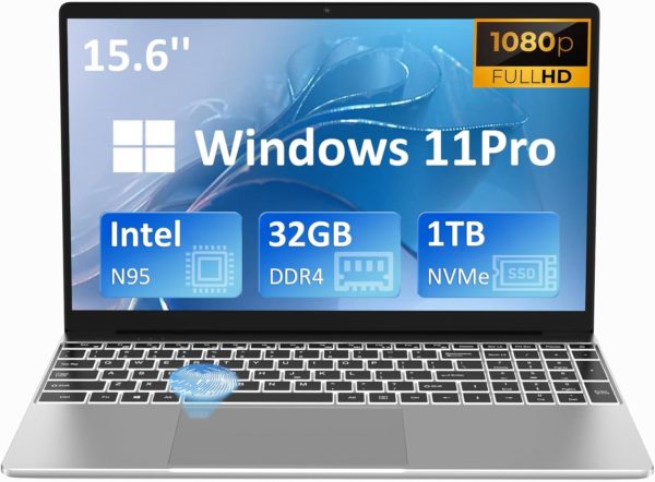 Auusda 32GB RAM Windows Laptop Computer, 1TB M2 PCIe NVMe SSD, 1.7-3.4 GHz Intel N95 (Beat i5-6440EQ) CPU, 15.6″ FHD 180° IPS LCD Screen, Backlight Keyboard, Fingerprint Reader, Mini HDMI, USB-A x2