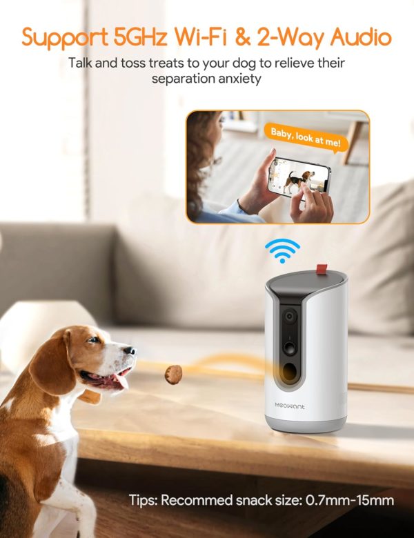 WiFi Dog Camera with Treat Dispenser, Dispenser, 360° View Pet Security Camera with Phone App, 2-Way Audio, AI Auto Tracking.