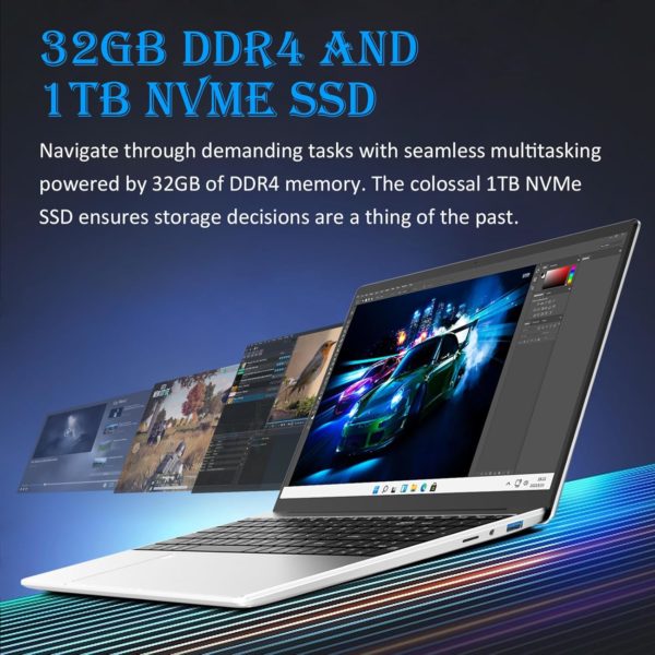 Auusda 32GB RAM Windows Laptop Computer, 1TB M2 PCIe NVMe SSD, 1.7-3.4 GHz Intel N95 (Beat i5-6440EQ) CPU, 15.6″ FHD 180° IPS LCD Screen, Backlight Keyboard, Fingerprint Reader, Mini HDMI, USB-A x2 - Image 2
