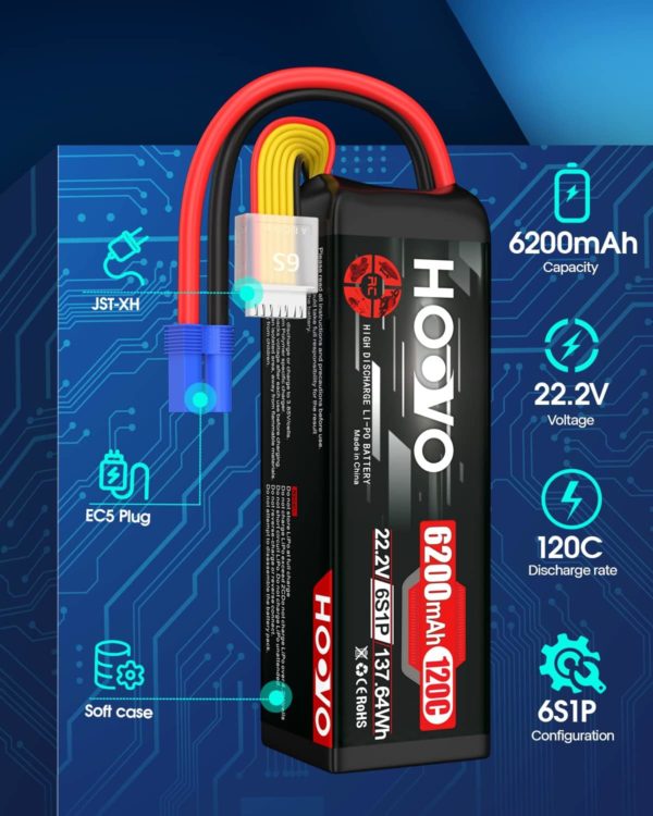 HOOVO 6S LiPo Battery 22.2V 6200mAh 120C with EC5 Plug Softcase RC Battery for RC Quadcopter Truck Boat Airplane Helicopter UAV Drone - Image 3