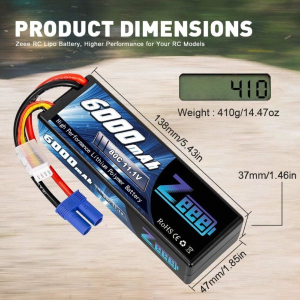 Zeee 11.1V 80C 3S 6000mAh Lipo Battery Hard Case Battery with EC5 Connector for RC 1/8 1/10 Scale Vehicles Car Trucks Boats. - Image 2
