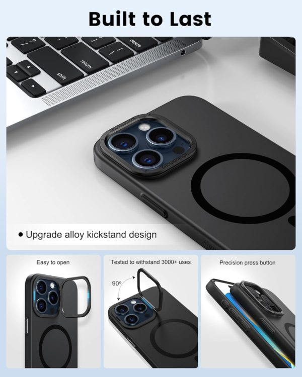 SODI for iPhone 15 Pro Max Case, Compatible with Mag-Safe, Magnetic Phone Case with Built-in Camera Stash Stand, Shockproof & Scratch-Resistant Back Cover Kickstand for iPhone 15 Pro Max 6.7″ Black - Image 3