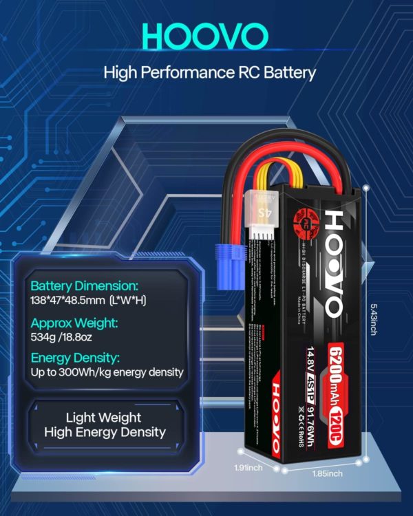 HOOVO 4S Lipo Battery 14.8V 6200mAh 120C RC Battery EC5 Plug Hard Case for RC Car Truck Buggy RC Quadcopter Helicopter Airplane Racing FPV UAV Drone - Image 5