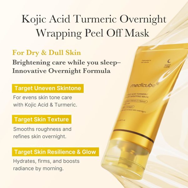 Medicube Kojic Acid Turmeric Overnight Wrapping Peel Off Mask – Nourishes dull, uneven skin with hydrolyzed collagen for glowing skin and skin firmnes. Korean skincare, 2.53 fl. oz. - Image 5