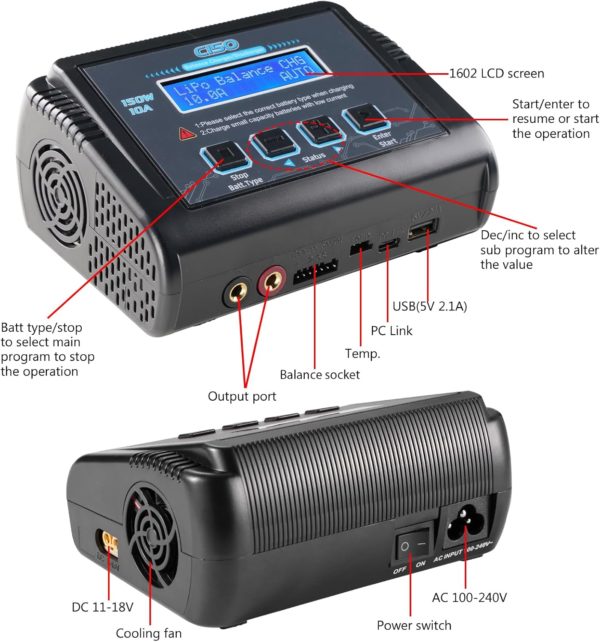 Lipo Battery Charger, 1S-6S RC Car Charger 150W Lipo Charger 10A Balance Charger Fast Charge Discharge Smart Charger for LiPo/Li-ion/LiFe Battery(1-6s) NiMH/NiCd (1-15s) RC Hobby Battery Charger - Image 4