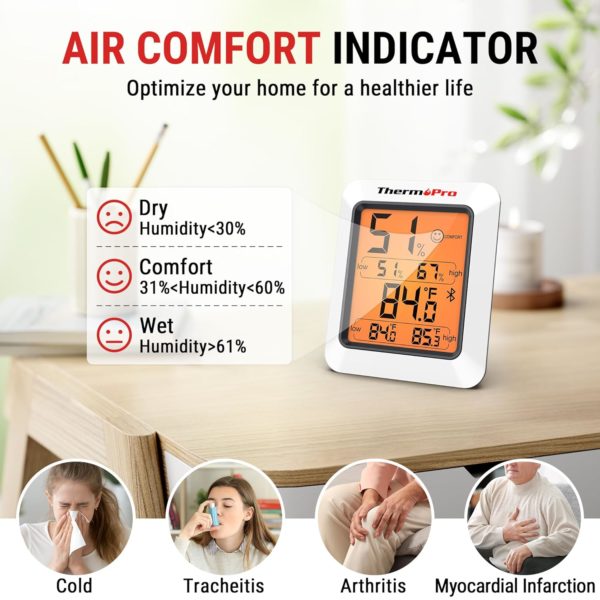 ThermoPro Hygrometer Thermometer for House TP350, Bluetooth Room Indoor Greenhouse Thermometer Monitor Up to 260FT, Backlit Humidity Meter Temperature Sensor with 2-Year Data Export. - Image 3