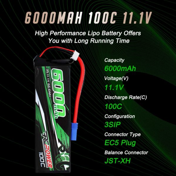 RCPOWER 11.1V 6000mAh 3S Lipo Battery 65C 100C With EC5 Plug For RC Car Drone Quadcopter Truck Boat Helicopter. - Image 3
