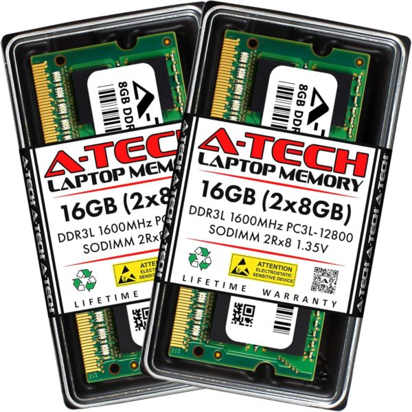 A-Tech 16GB (2x8GB) DDR3/DDR3L 1600MHz PC3L-12800 (PC3-12800) CL11 SODIMM 2Rx8 1.35V 204-Pin Non-ECC SO-DIMM Laptop