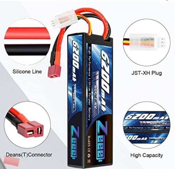 Zeee 7.4V 60C 6200mAh 2S RC Lipo Battery Hardcase with Deans Connector for RC Vehicles Car Truck Truggy Boat(1 Pack) - Image 3