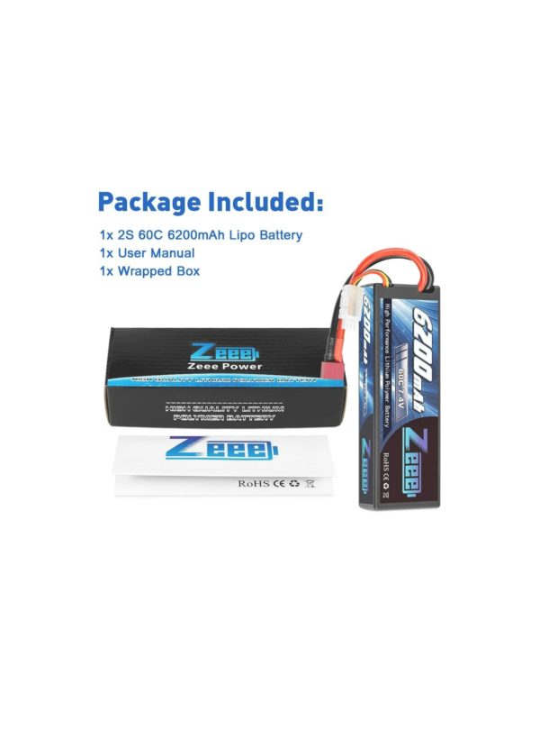 Zeee 7.4V 60C 6200mAh 2S RC Lipo Battery Hardcase with Deans Connector for RC Vehicles Car Truck Truggy Boat(1 Pack) - Image 2