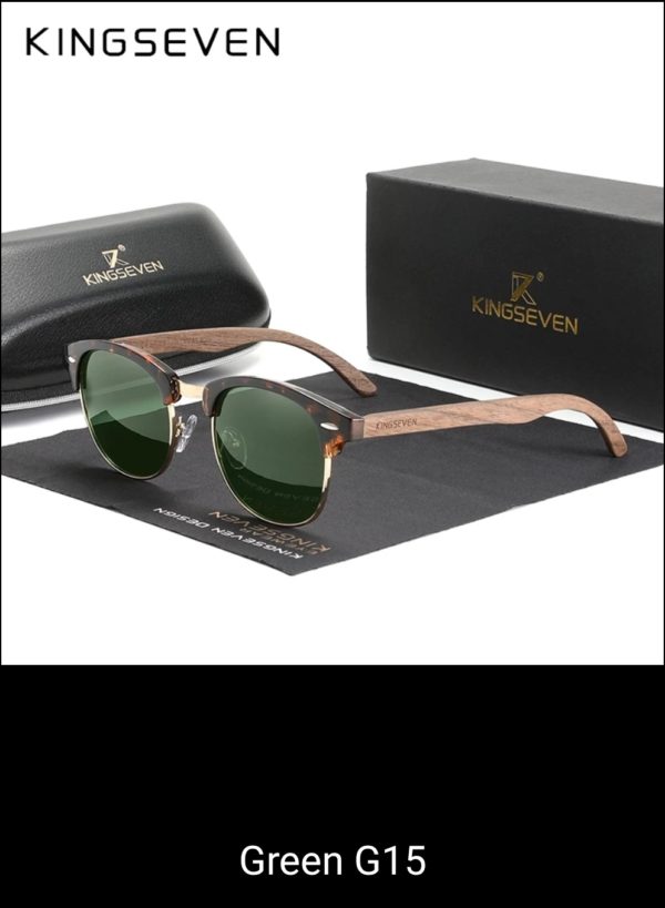 KINGSEVEN Handmade Black Walnut Wooden Sunglasses Polarized UV400 Protection Semi-Rimless Retro Eyewear Men or Women Green Lens.