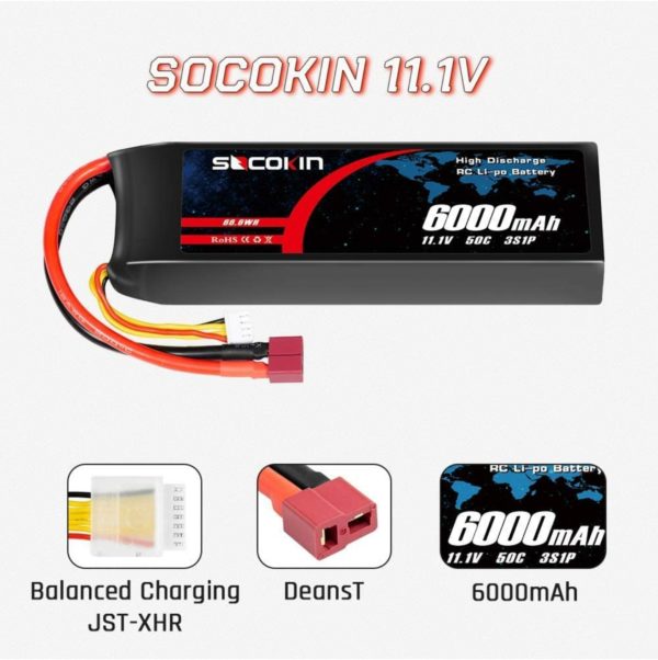 Socokin 3S Lipo Battery 11.1V 50C 6000mAh with Deans Plug for RC Model Racing Car RC Car Truck Boat RC Quadcopter Airplane Drone Helicopter.