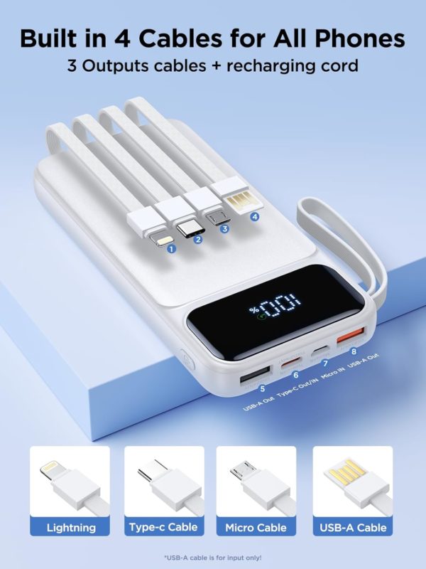 Power Bank, Portable Charger with Built in Cable 22.5W Fast Charging Battery Pack 10000mAh Slim 6 Outputs 3 Inputs LED Display Phone Charger for iPhone Samsung Pixel Moto iPad Travel Essential Gift - Image 5
